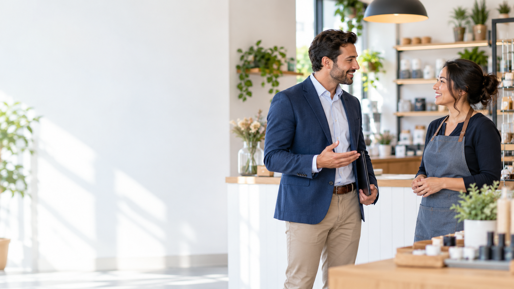 Independent sales representative meeting a business owner